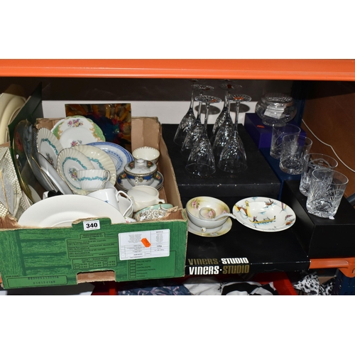 340 - ONE BOX OF METALWARE AND SUNDRIES, to include a boxed set of six Thomas Webb Crystal wine glasses, a... 