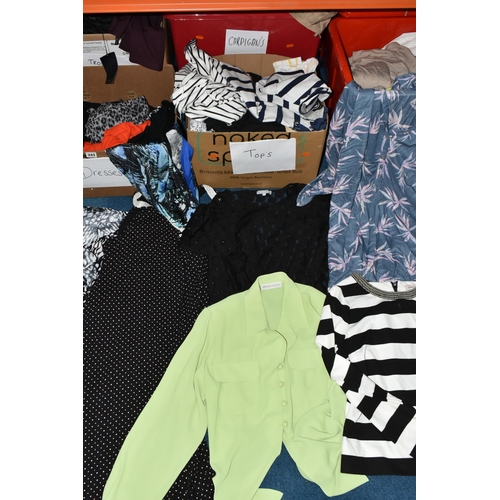 343 - SIX BOXES OF WOMEN'S CLOTHING, to include trousers, dresses, cardigans, tops, shirts and jackets, ma... 