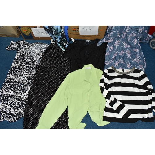 343 - SIX BOXES OF WOMEN'S CLOTHING, to include trousers, dresses, cardigans, tops, shirts and jackets, ma... 