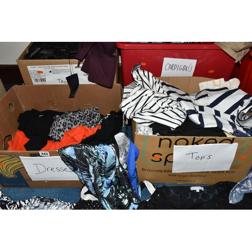 343 - SIX BOXES OF WOMEN'S CLOTHING, to include trousers, dresses, cardigans, tops, shirts and jackets, ma... 