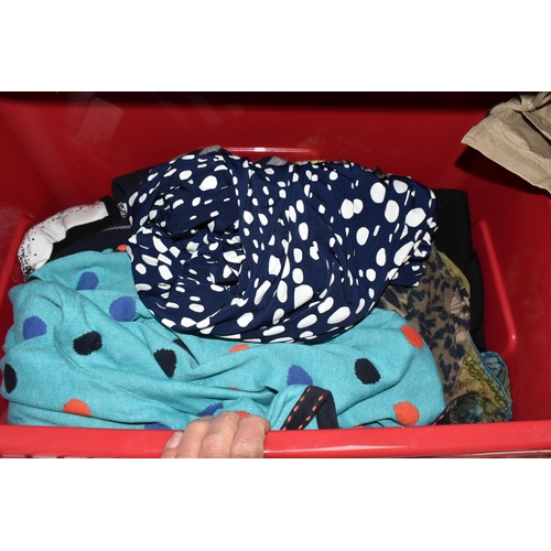 343 - SIX BOXES OF WOMEN'S CLOTHING, to include trousers, dresses, cardigans, tops, shirts and jackets, ma... 