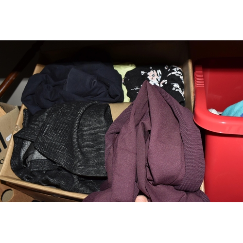 343 - SIX BOXES OF WOMEN'S CLOTHING, to include trousers, dresses, cardigans, tops, shirts and jackets, ma... 