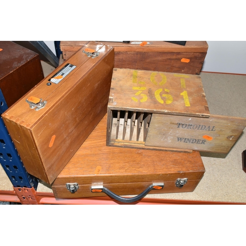 344 - A COLLECTION OF EMPTY INSTRUMENT CASES, comprising four wooden tool cases, two small J. Swift & Son ... 