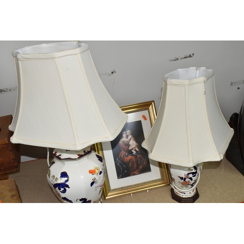 345 - TWO MASON'S IRONSTONE 'MANDALAY' PATTERN TABLE LAMPS, comprising two lamp bases, height 41cm and 28c... 