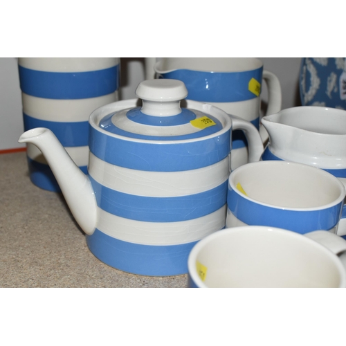 350 - A GROUP OF T.G GREEN 'CORNISH WARE', comprising cream and white striped teapot (chipped and crazed),... 