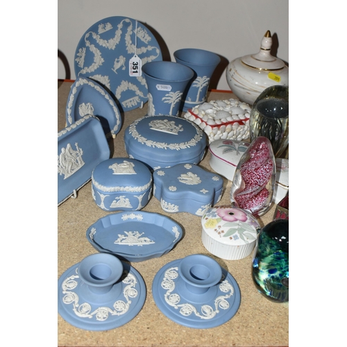 351 - A COLLECTION OF WEDGWOOD BLUE JASPERWARE AND GLASS PAPERWEIGHTS, comprising a small cabinet plate, a... 