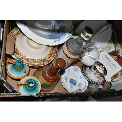 354 - FOUR BOXES OF CERAMICS AND GLASSWARE, to include a Chapman cream and gilded flower tea set pattern 1... 