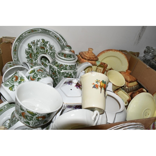 354 - FOUR BOXES OF CERAMICS AND GLASSWARE, to include a Chapman cream and gilded flower tea set pattern 1... 