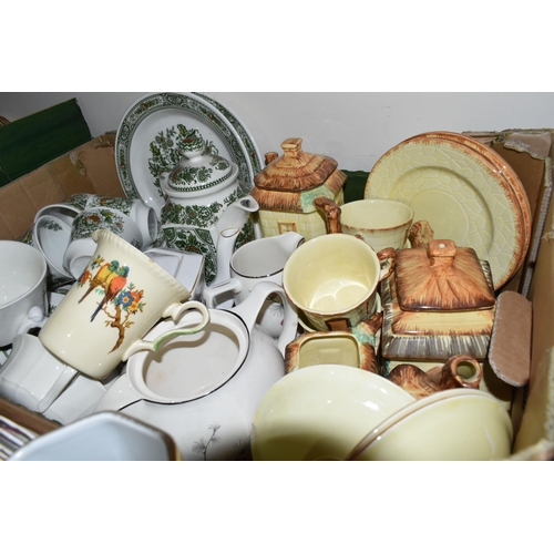 354 - FOUR BOXES OF CERAMICS AND GLASSWARE, to include a Chapman cream and gilded flower tea set pattern 1... 