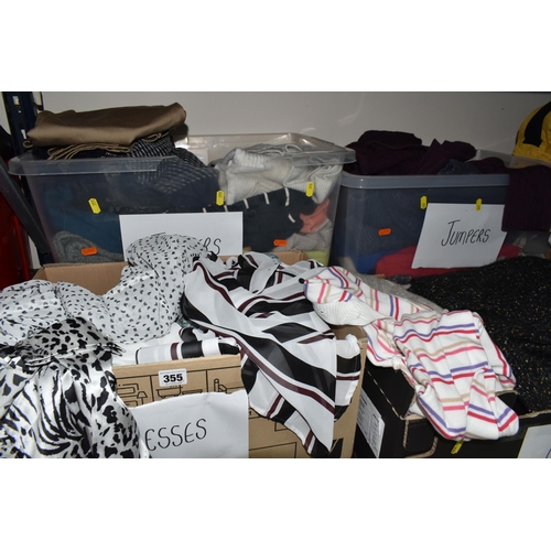 355 - SIX BOXES OF WOMEN'S CLOTHING, to include a quantity of tops, sweater, jumpers, cardigans, and dress... 