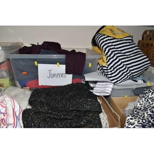 355 - SIX BOXES OF WOMEN'S CLOTHING, to include a quantity of tops, sweater, jumpers, cardigans, and dress... 