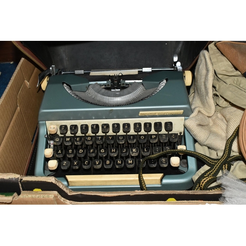 357 - TWO BOXES OF MISCELLANEOUS SUNDRIES, to include an Imperial 'Good Companion' typewriter, two pairs o... 