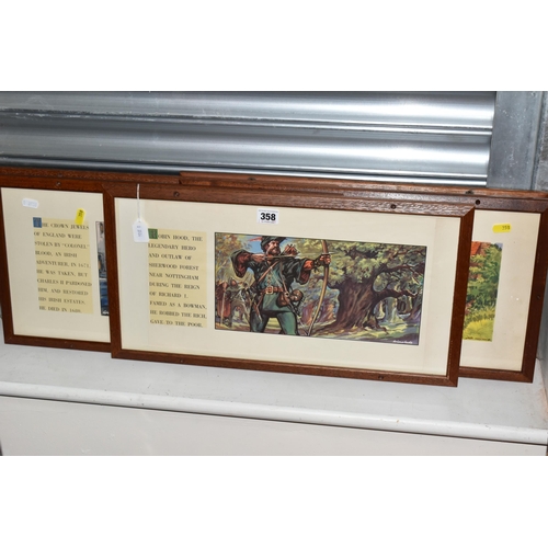 358 - FIVE WOODEN FRAMED CARRIAGE PRINTS OF OLD ENGLISH HISTORIC CHARACTERS, comprising 'Robin Hood', 'Col... 