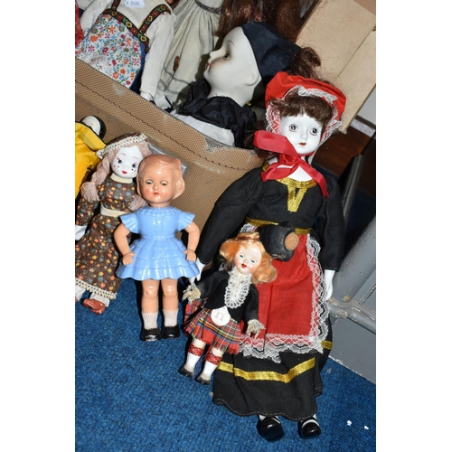 360 - A GROUP OF VINTAGE DOLLS, to include a vintage suitcase containing eight collectable porcelain dolls... 