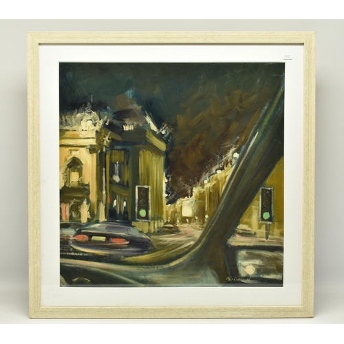 302 - PETER COLLINS (BRITISH 1938-) 'VIEW OF THEATRE ROYAL AT NIGHT', a view from inside a car of the thea... 