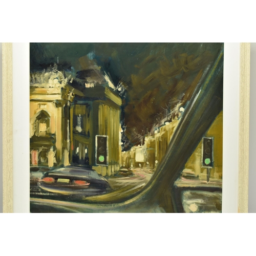 302 - PETER COLLINS (BRITISH 1938-) 'VIEW OF THEATRE ROYAL AT NIGHT', a view from inside a car of the thea... 