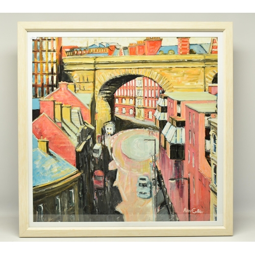 303 - PETER COLLINS (BRITISH 1938-) 'UNDER THE ARCH TO THE QUAYSIDE', a view of Dean Street in Newcastle u... 