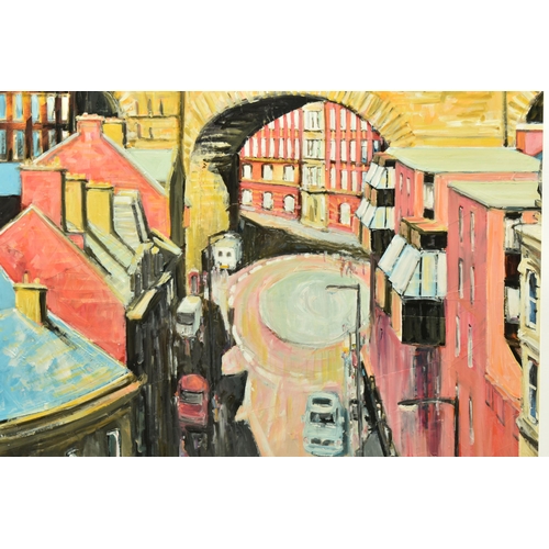 303 - PETER COLLINS (BRITISH 1938-) 'UNDER THE ARCH TO THE QUAYSIDE', a view of Dean Street in Newcastle u... 