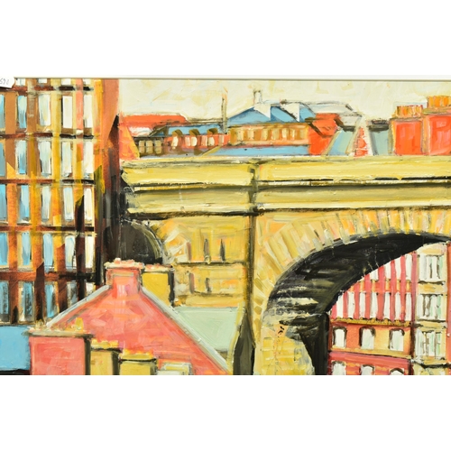 303 - PETER COLLINS (BRITISH 1938-) 'UNDER THE ARCH TO THE QUAYSIDE', a view of Dean Street in Newcastle u... 