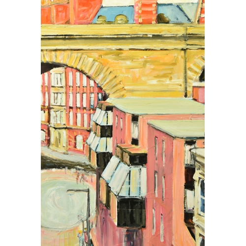 303 - PETER COLLINS (BRITISH 1938-) 'UNDER THE ARCH TO THE QUAYSIDE', a view of Dean Street in Newcastle u... 