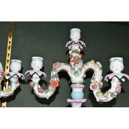 361 - A PAIR OF CONTINENTAL FOUR FLAME FIGURAL CANDELABRA, depicting a woman and child beside the central ... 