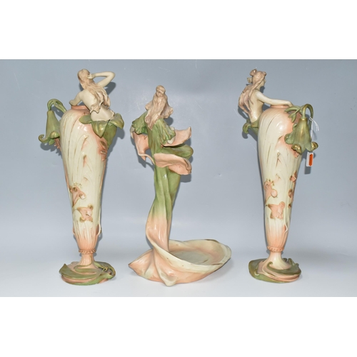 362 - A PAIR OF ART NOUVEAU AMPHORA AUSTRIA VASES AND AN AMPHORA CENTREPIECE, the elongated vases in cream... 