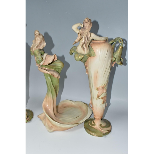 362 - A PAIR OF ART NOUVEAU AMPHORA AUSTRIA VASES AND AN AMPHORA CENTREPIECE, the elongated vases in cream... 