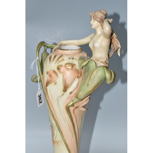 362 - A PAIR OF ART NOUVEAU AMPHORA AUSTRIA VASES AND AN AMPHORA CENTREPIECE, the elongated vases in cream... 