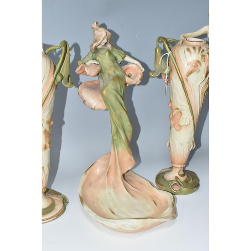 362 - A PAIR OF ART NOUVEAU AMPHORA AUSTRIA VASES AND AN AMPHORA CENTREPIECE, the elongated vases in cream... 