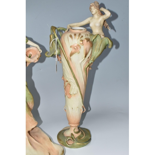 362 - A PAIR OF ART NOUVEAU AMPHORA AUSTRIA VASES AND AN AMPHORA CENTREPIECE, the elongated vases in cream... 