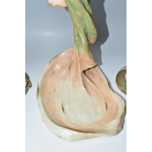 362 - A PAIR OF ART NOUVEAU AMPHORA AUSTRIA VASES AND AN AMPHORA CENTREPIECE, the elongated vases in cream... 