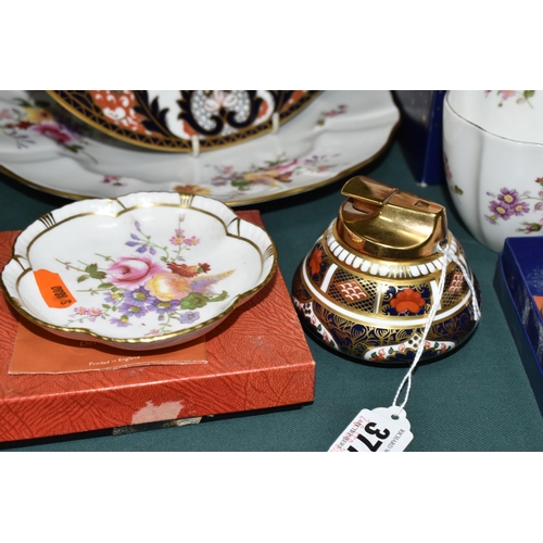 377 - A GROUP OF ROYAL CROWN DERBY TEA AND GIFT WARES, comprising an Imari 1128 table lighter, an Imari 38... 