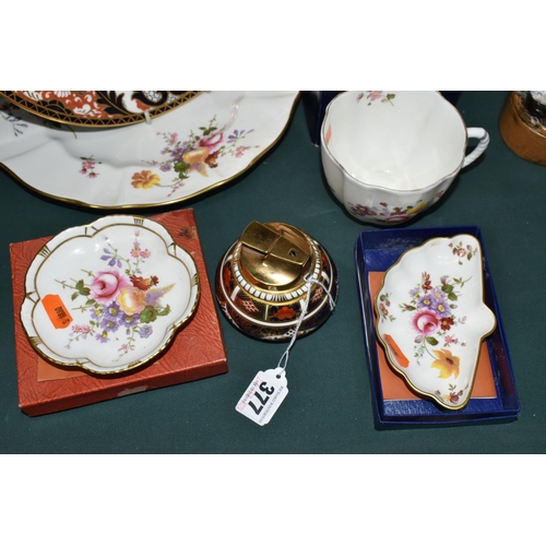 377 - A GROUP OF ROYAL CROWN DERBY TEA AND GIFT WARES, comprising an Imari 1128 table lighter, an Imari 38... 