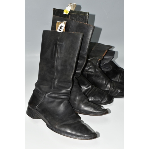 383 - THREE PAIRS OF HANDMADE BLACK LEATHER CAVALRY BOOTS, different sizes, no markings, approximate size ... 