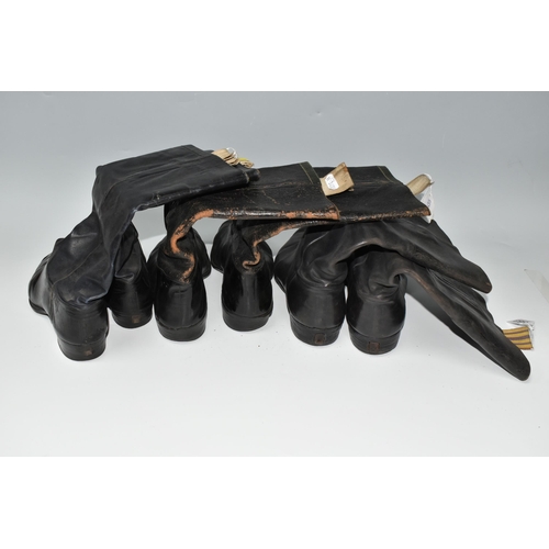 383 - THREE PAIRS OF HANDMADE BLACK LEATHER CAVALRY BOOTS, different sizes, no markings, approximate size ... 