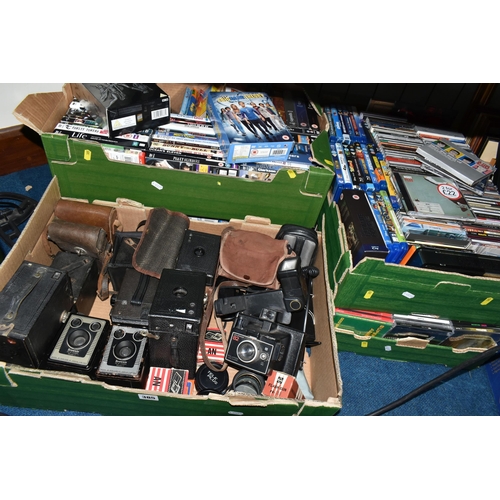 385 - FIVE BOXES OF CDS, DVDS AND A COLLECTION OF VINTAGE CAMERAS, to include two Kodak Brownie Model -c c... 