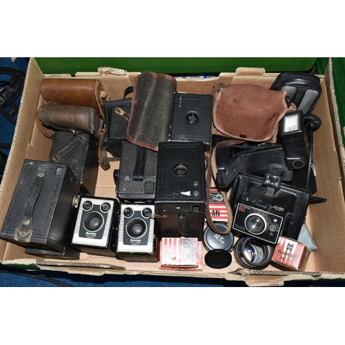 385 - FIVE BOXES OF CDS, DVDS AND A COLLECTION OF VINTAGE CAMERAS, to include two Kodak Brownie Model -c c... 