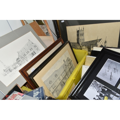 386 - THREE BOXES & LOOSE containing a collection of eighteen miscellaneous framed prints including houses... 