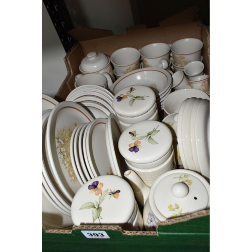 393 - FIVE BOXES OF KERNEWEK POTTERY DINNERWARE, to include a large quantity of 'Daisy' pattern dinnerware... 