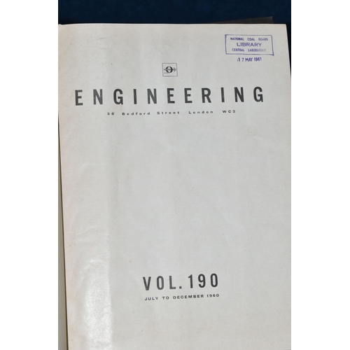 394 - SIX BOXES OF BOOKS, thirty volumes of 'Engineering' dating from 1950's and 1960's, published by Engi... 