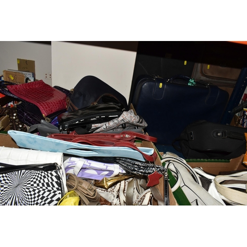 397 - THREE BOXES OF HANDBAGS AND THREE SMALL SUITCASES, over twenty handbags of assorted colours, maker's... 