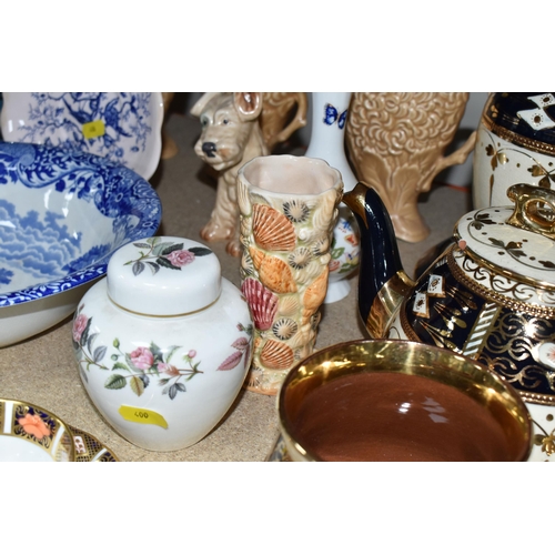 400 - A SELECTION OF DECORATIVE NAMED CERAMIC ITEMS ETC, to include a Royal Crown Derby Imari pattern teac... 