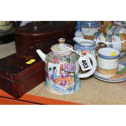 403 - ORIENTAL CERAMICS AND BOXES, to include an unmarked teapot, Klimax hand painted tea set, a blue and ... 