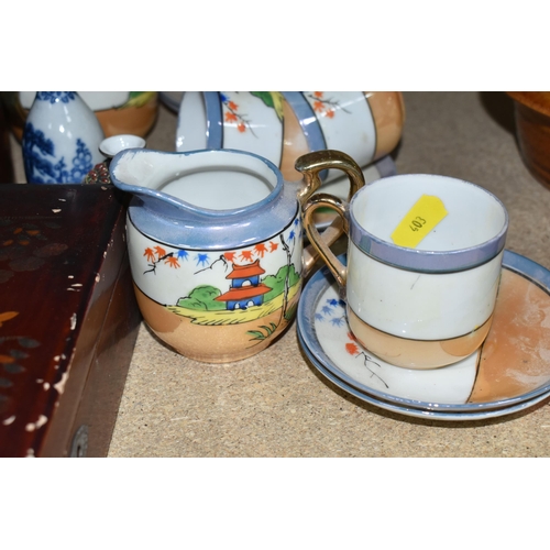 403 - ORIENTAL CERAMICS AND BOXES, to include an unmarked teapot, Klimax hand painted tea set, a blue and ... 