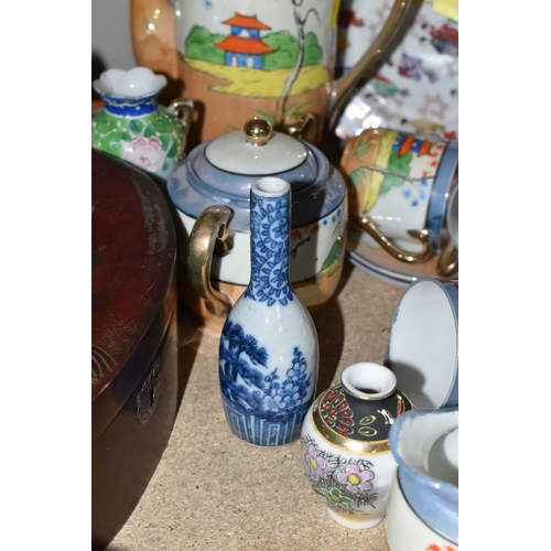 403 - ORIENTAL CERAMICS AND BOXES, to include an unmarked teapot, Klimax hand painted tea set, a blue and ... 