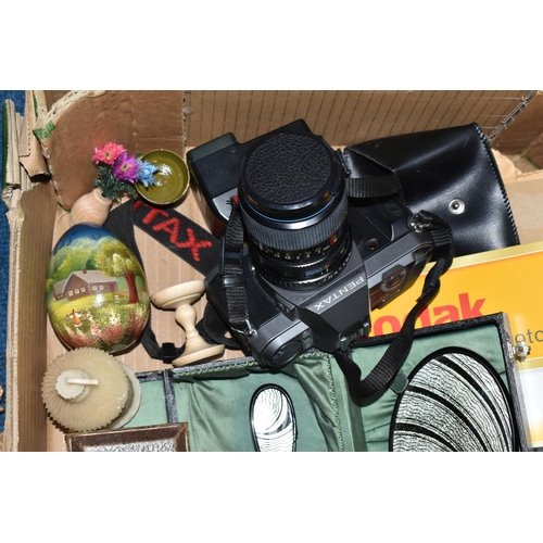 406 - A BOX OF SUNDRY ITEMS ETC, to include a Pentax P30 SLR camera fitted with a Carl Zeiss Jena 28-70 zo... 