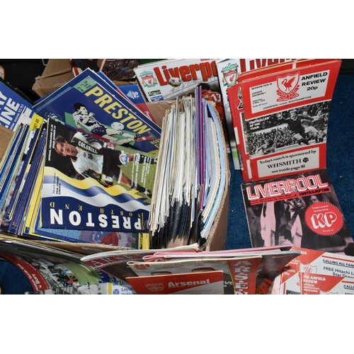 408 - FIVE BOXES OF FOOTBALL PROGRAMMES AND MAGAZINES, to include various Liverpool dating from 1963 to 20... 