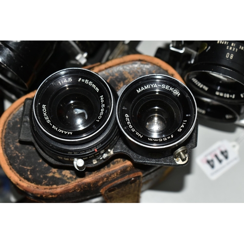 414 - VINTAGE MAMIYA ROLL FILM CAMERAS AND LENSES, comprising a Mamiya C220 Professional camera fitted wit... 