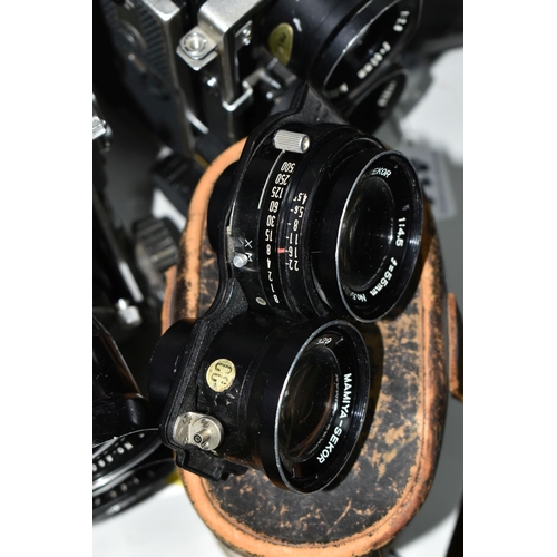 414 - VINTAGE MAMIYA ROLL FILM CAMERAS AND LENSES, comprising a Mamiya C220 Professional camera fitted wit... 