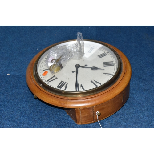 431 - A TWENTIETH CENTURY WOODEN CASED WALL CLOCK, the cream dial bearing black Roman numerals, no visible... 